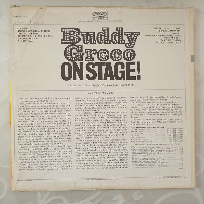 Buddy Greco  On Stage -  Vinyl LP Record - Very-Good+ Quality (VG+)