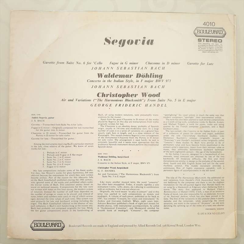 Segovia Plays Bach -  Vinyl LP Record - Very-Good+ Quality (VG+)