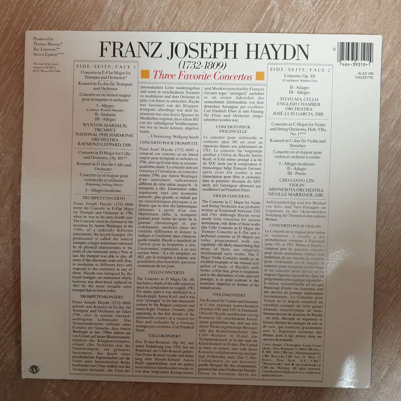 Haydn  - Yo-Yo Ma, Wynton Marsalis ,Cho-Liang Lin  Three Favorite Concertos - Vinyl LP Reco...
