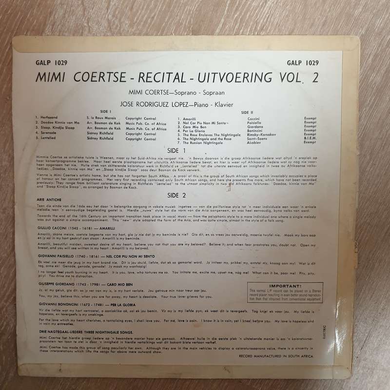 Mimi Coertse - Recital Vol II - Vinyl LP Record - Very-Good Quality (VG)