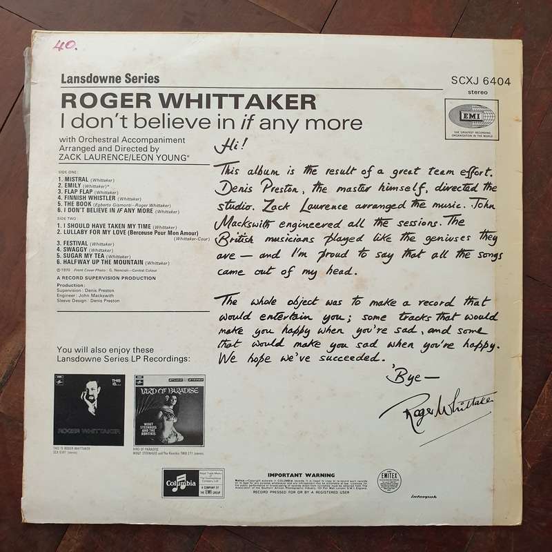 Roger Whittaker  I Don't Believe In If Anymore - Vinyl LP Record - Very-Good Quality (VG)