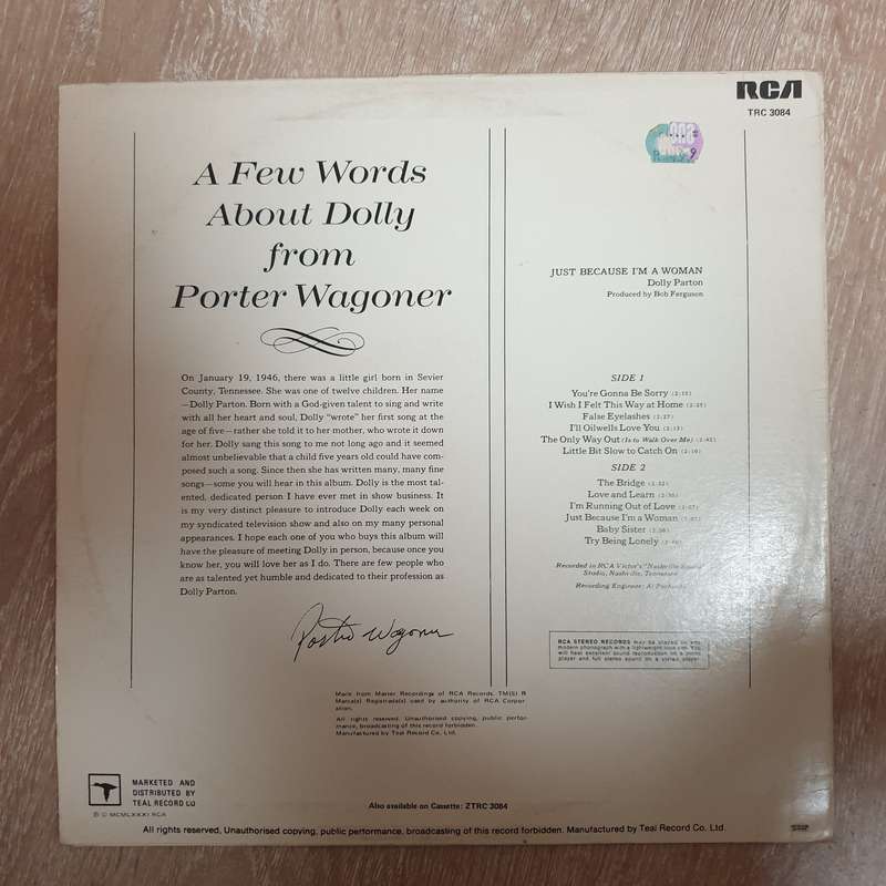 Dolly Parton  Just Because I'm A Woman - Vinyl LP Record - Very-Good+ Quality (VG+)