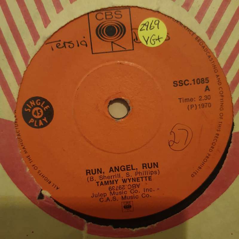Tammy Wynette  Run, Angel, Run / My Daddy Doll - Vinyl 7" Record - Very-Good+ Quality (VG+)