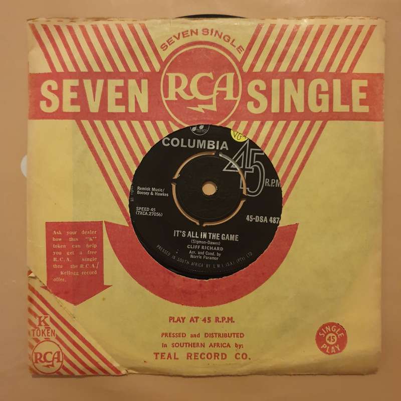 Cliff Richard  It's All In The Game - Vinyl 7" Record - Very-Good+ Quality (VG+)