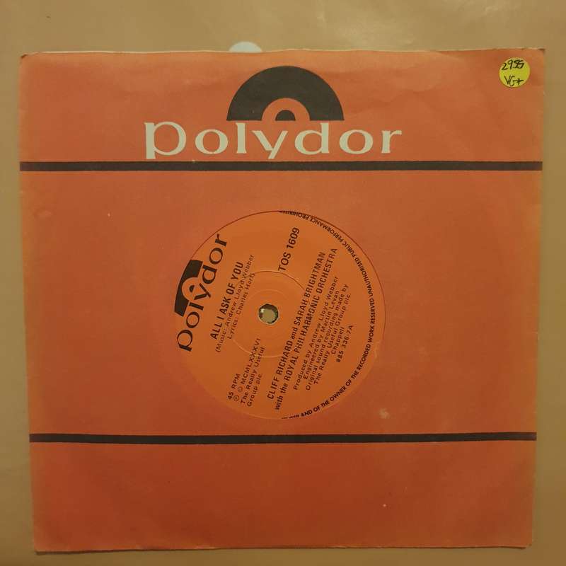 Cliff Richard, Sarah Brightman, Andrew Lloyd Webber  All I Ask Of You - Vinyl 7" Record - V...