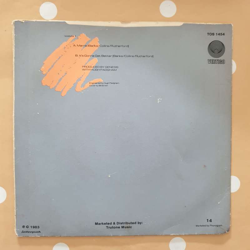 Genesis  Mama -  Vinyl 7" Record - Very-Good+ Quality (VG+)