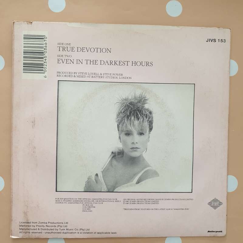 Samantha Fox  True Devotion - Vinyl 7" Record - Very-Good+ Quality (VG+)