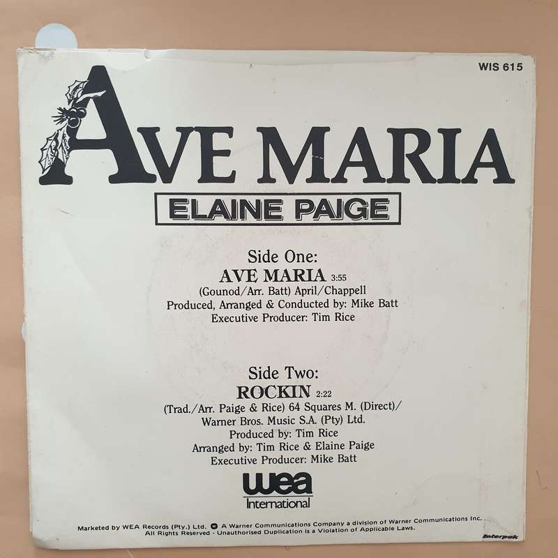 Elaine Paige - Ave Maria - Vinyl 7" Record - Very-Good- Quality (VG-)