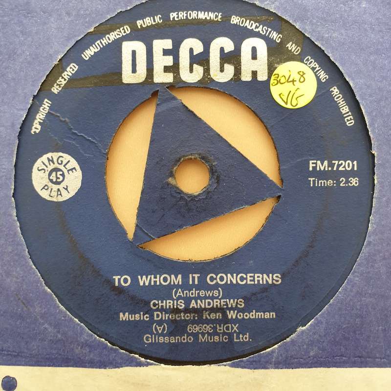 Chris Andrews  To Whom It Concerns - Vinyl 7" Record - Very-Good Quality (VG)
