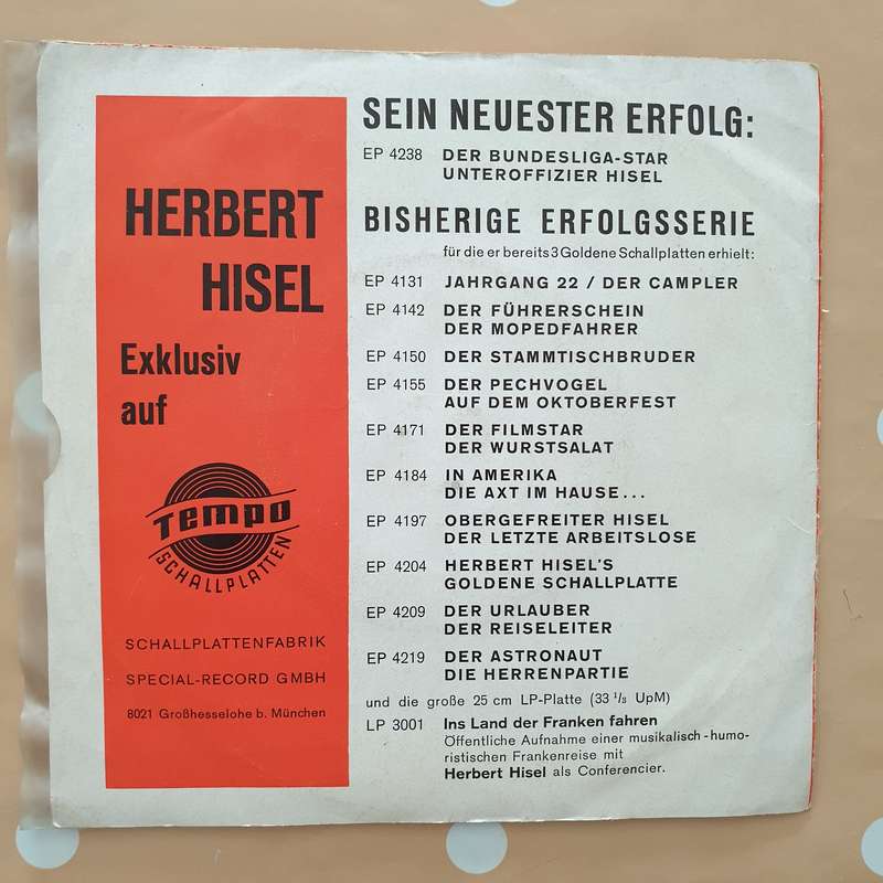 Herbert Hisel  Der Bundesliga-Star / Unteroffizier Hisel - Vinyl 7" Record - Very-Good+ Qua...