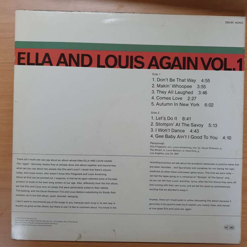 Ella Fitzgerald & Louis Armstrong  Ella And Louis Again Vol. 1 - Vinyl LP Record - Very-Goo...