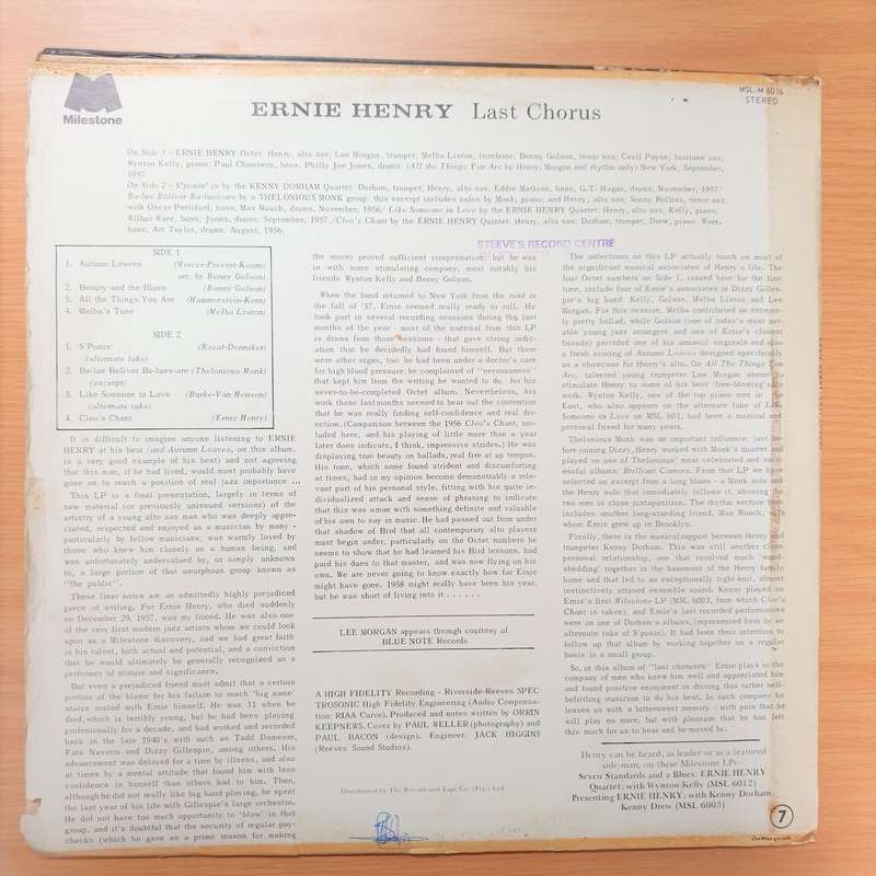Ernie Henry  Last Chorus - Vinyl LP Record - Very-Good Quality (VG)