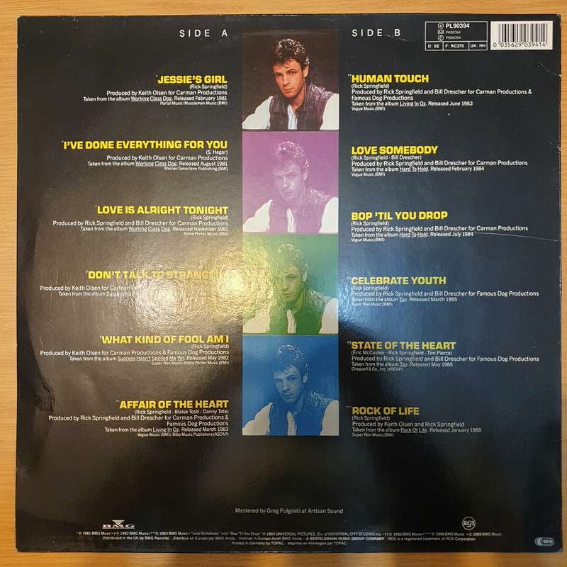 Rick Springfield - Greatest Hits - Vinyl LP Record - Very-Good+ Quality (VG+) (verygoodplus)