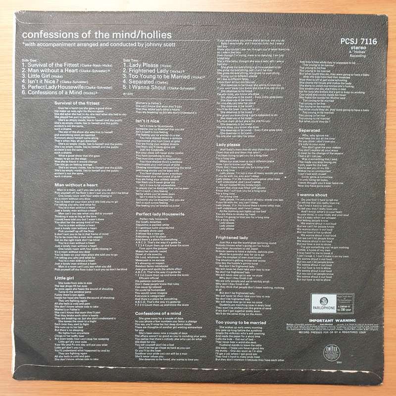 The Hollies  Confessions Of The Mind - Vinyl LP Record - Very-Good Quality (VG)