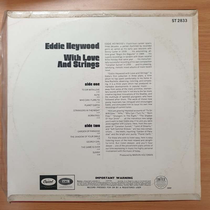 Eddie Heywood  With Love And Strings - Vinyl LP Record - Very-Good+ Quality (VG+)