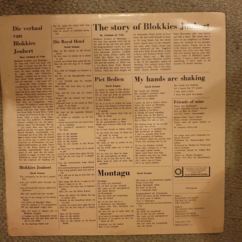 David Kramer  The Story Of Blokkies Joubert - Vinyl LP Record - Good+ Quality (G+)