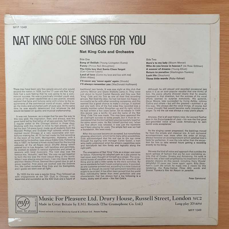 Nat King Cole  Nat King Cole Sings For You - Vinyl LP Record - Very-Good+ Quality (VG+)
