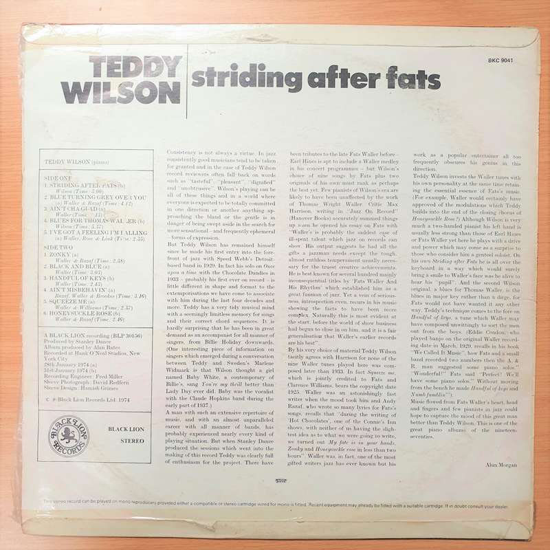 Teddy Wilson  Striding After Fats - Vinyl LP Record - Very-Good+ Quality (VG+)