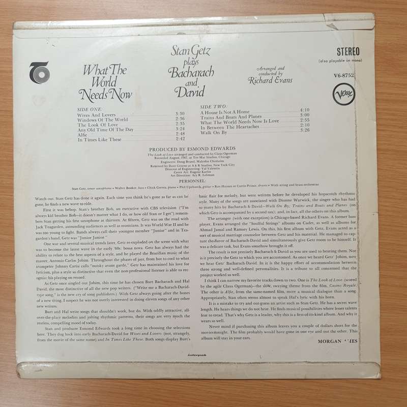 Stan Getz  What The World Needs Now - Stan Getz Plays Bacharach And David - Vinyl LP Record...