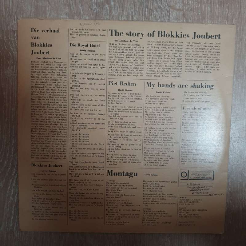 David Kramer  The Story Of Blokkies Joubert (Autographed) - Vinyl LP Record - Very-Good+ Quali...