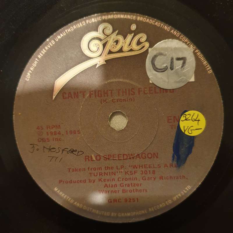 REO Speedwagon  Can't Fight This Feeling - Vinyl 7" Record - Very-Good- Quality (VG-)