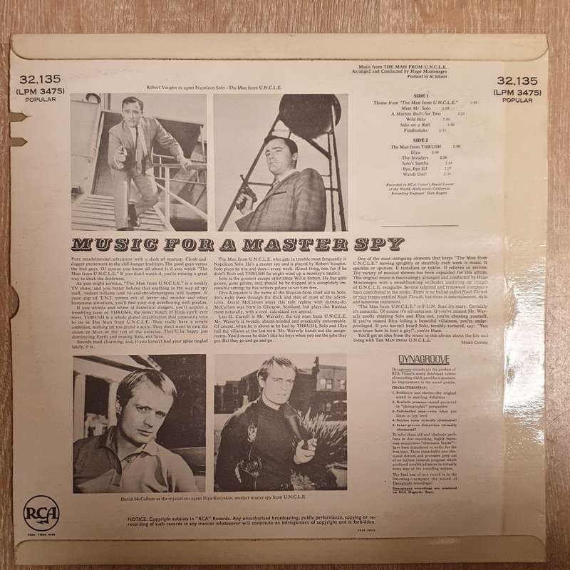 The Man From U.N.C.L.E. - Hugo Montenegro  Vinyl LP Record  - Very-Good+ Quality (VG+)