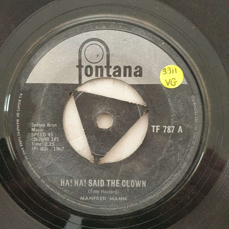Manfred Mann  Ha! Ha! Said The Clown  - Vinyl 7" Record - Opened  - Very-Good Quality (VG)