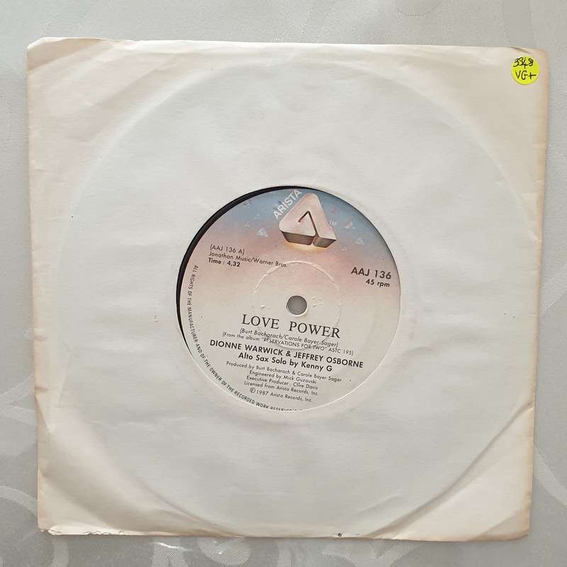 Dionne Warwick & Jeffrey Osborne  Love Power - Vinyl 7" Record - Very-Good+ Quality (VG+)