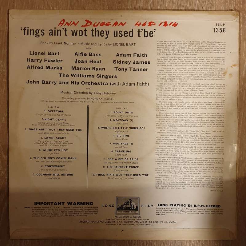 Frank Norman / Lionel Bart  Fings Ain't Wot They Used T'Be - Vinyl LP Record - Very-Good+ Q...
