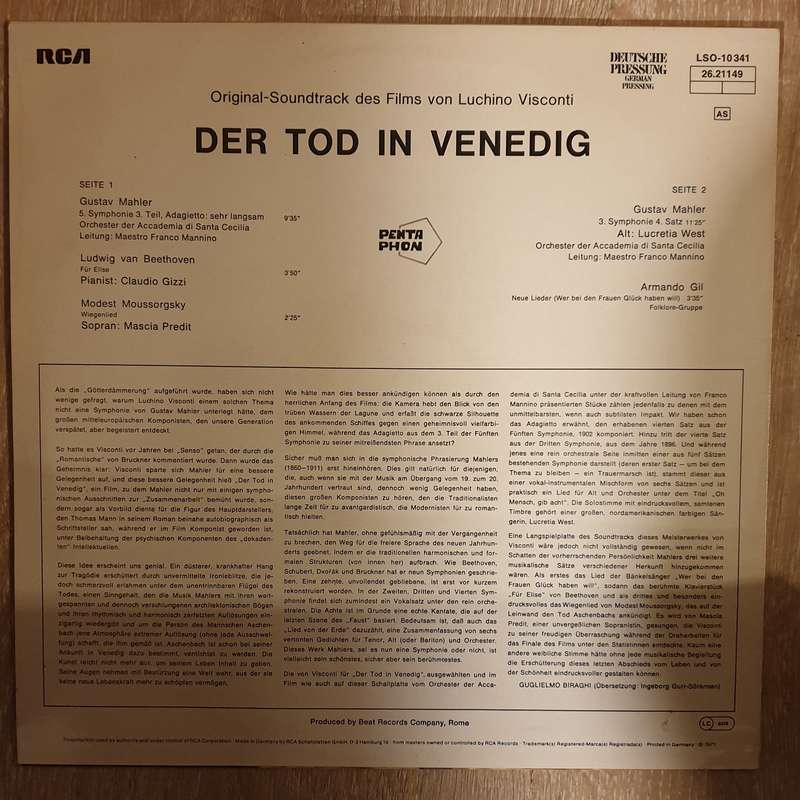 Der Tod In Venedig  - Orchester Der Accademia Di Santa Cecilia, Franco Mannino  Vinyl LP Re...