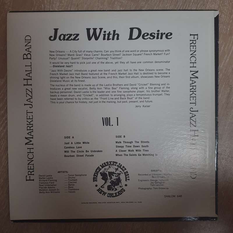 French Market Jazz Hall Band  Jazz With Desire (New Orleans)  Vinyl LP Record - Very-...