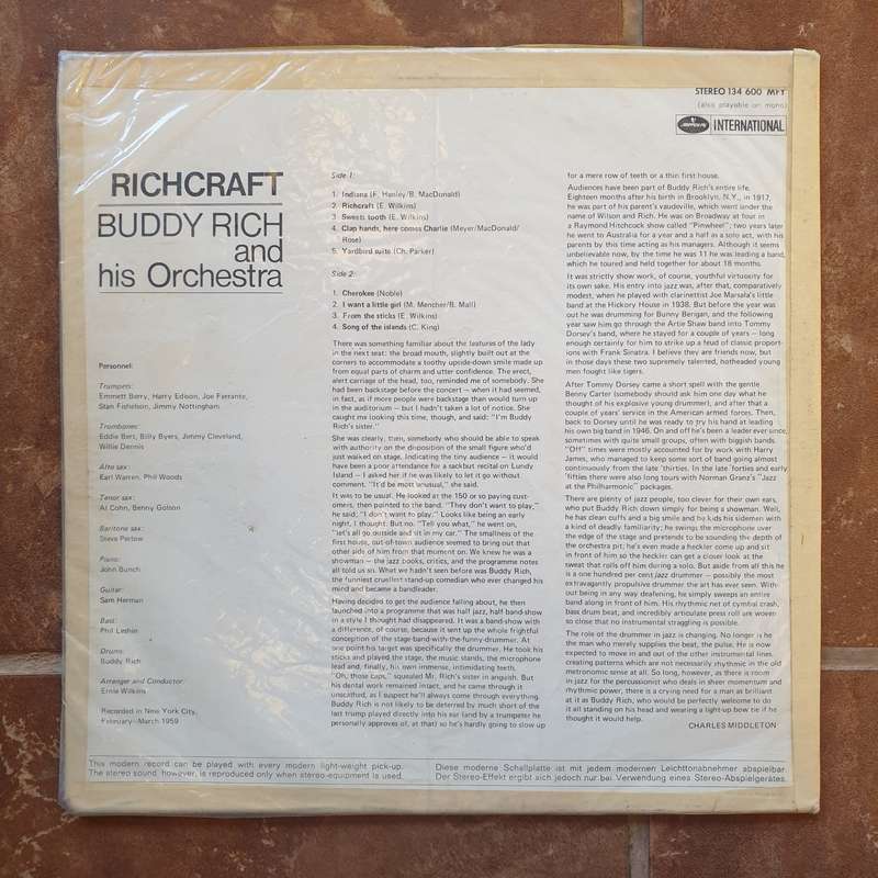 Buddy Rich & His Orchestra  Richcraft  Vinyl LP Record - Very-Good- Quality (VG-)