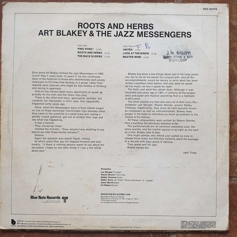 Art Blakey & The Jazz Messengers  Roots & Herbs - Vinyl LP Record - Very-Good- Quality (VG-)