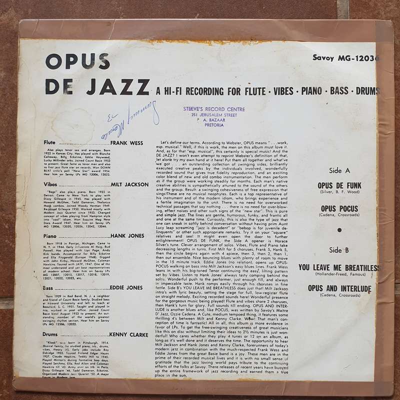 Opus De Jazz - Milt Jackson, Frank Wess, Kenny Clarke, Hank Jones, Eddie Jones - Vinyl LP Record ...