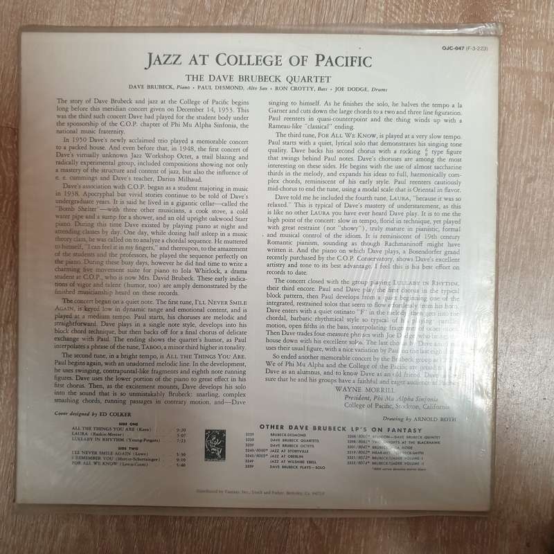 Dave Brubeck Quartet Featuring Paul Desmond  Jazz At The College Of The Pacific - Vinyl LP ...
