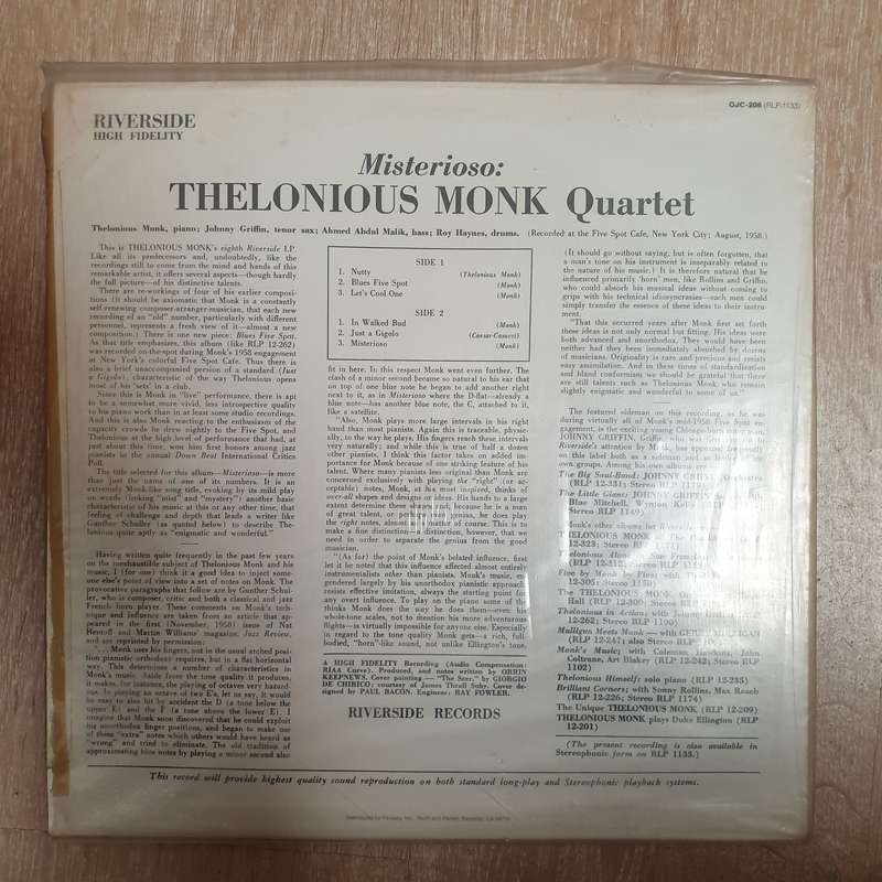 Thelonious Monk Quartet  Misterioso - Vinyl LP Record - Very-Good+ Quality (VG+)