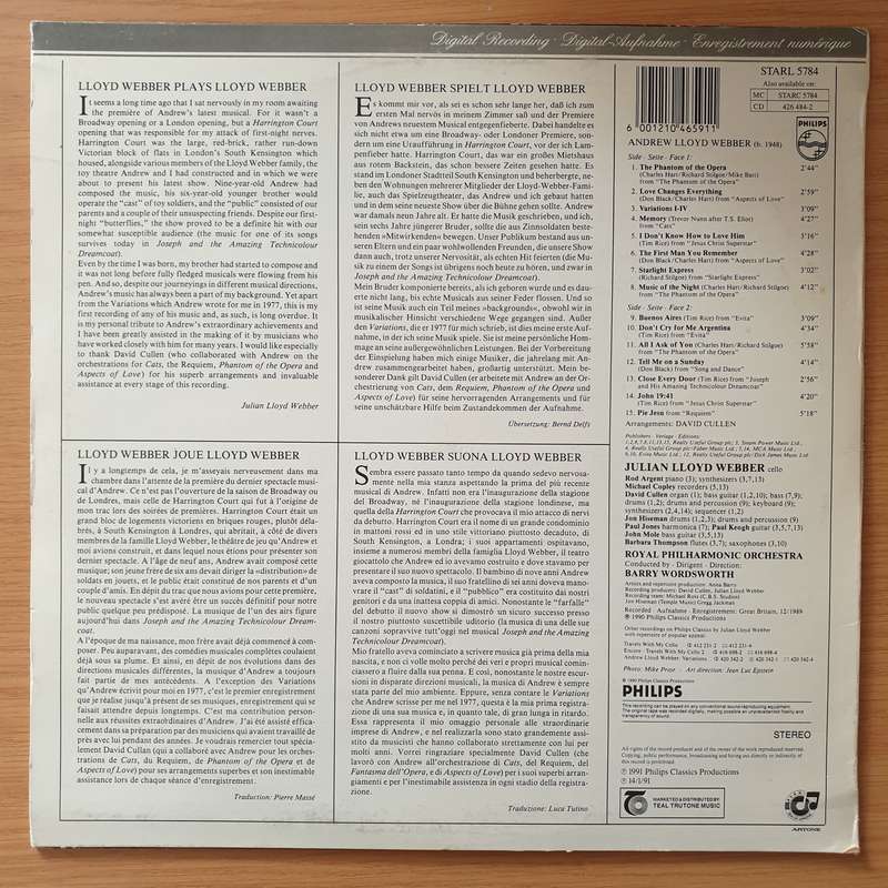 Julian Lloyd Webber  Lloyd Webber Plays Lloyd Webber - Vinyl LP Record - Very-Good+ Quality (V...