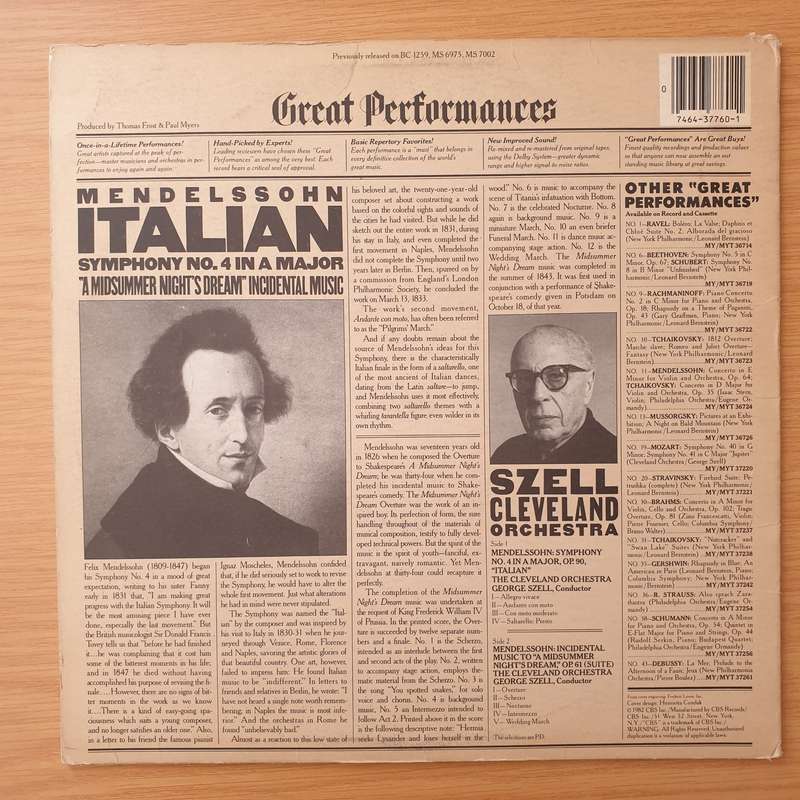 Mendelssohn / The Cleveland Orchestra, George Szell  Italian Symphony No. 4 In A Major / "A Mi...