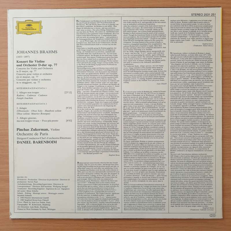 Johannes Brahms - Pinchas Zukerman · Orchestre De Paris · Daniel Barenboim  Violinkonzert ·...