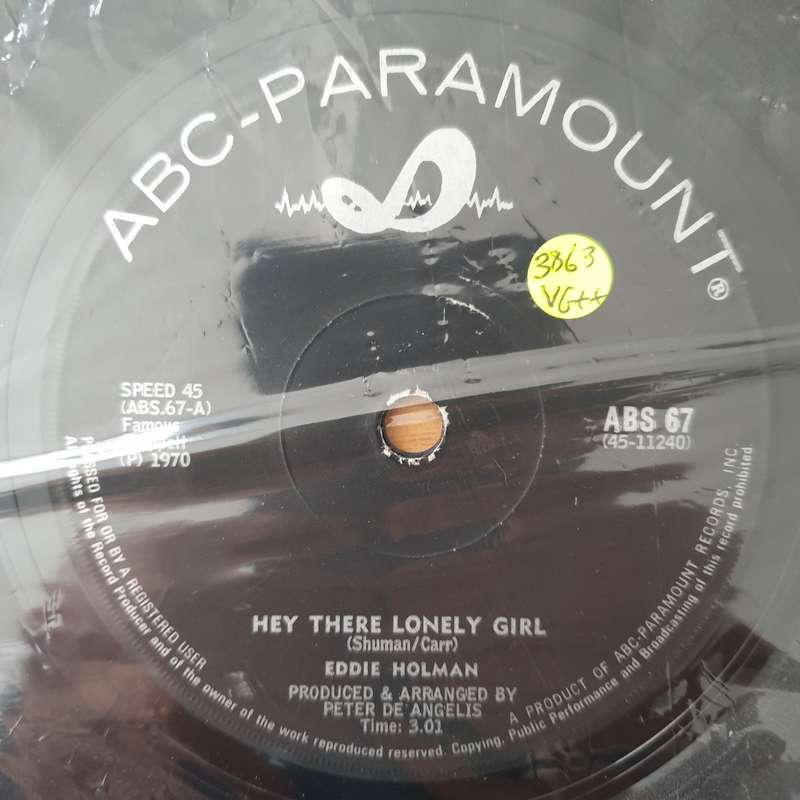 Eddie Holman  Hey There Lonely Girl - Vinyl 7" Record - Very-Good+ Quality (VG+) (verygoodplus)