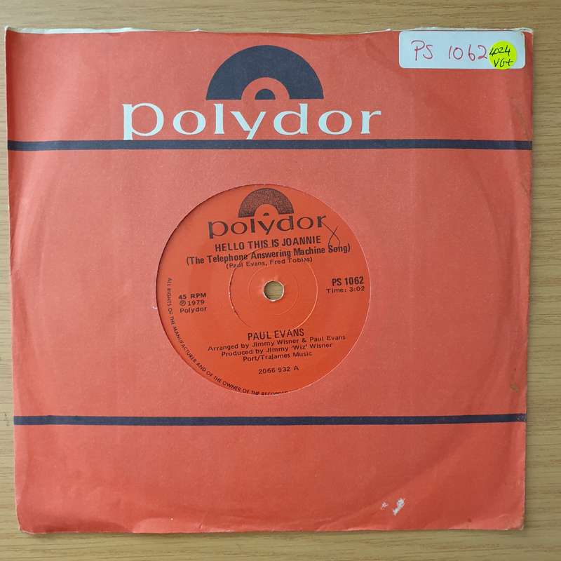 Paul Evans  Hello, This Is Joannie (The Telephone Answering Machine Song) - Vinyl 7" Record - ...
