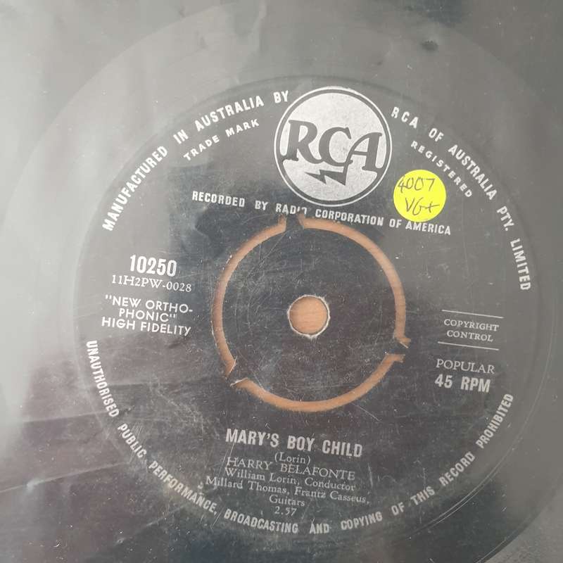 Harry Belafonte  Mary's Boy Child - Vinyl 7" Record - Very-Good+ Quality (VG+) (verygoodplus)
