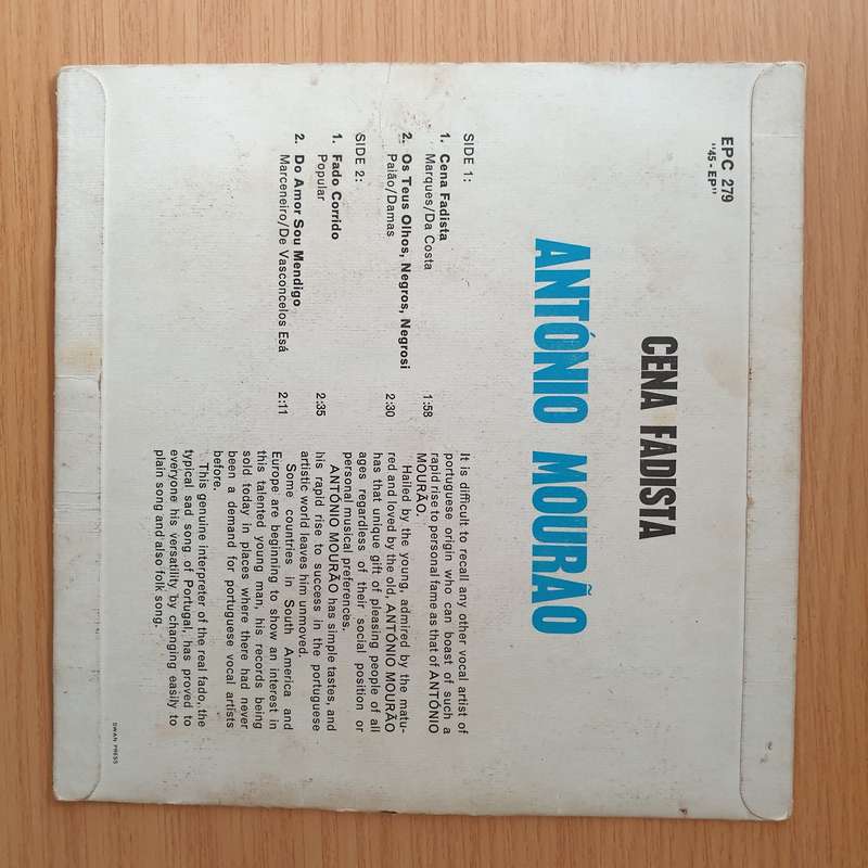 António Mourão  Cena Fadista EP - Vinyl 7" Record - Very-Good+ Quality (VG+) (verygoodplus)