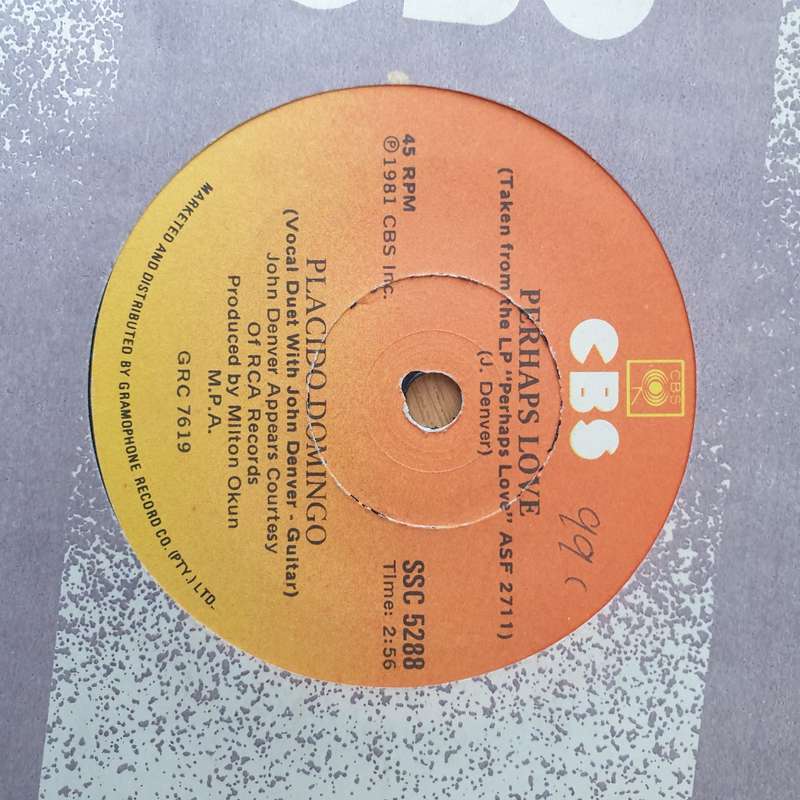 Placido Domingo And John Denver  Perhaps Love / Annie's Song - Vinyl 7" Record - Very-Good+ Qu...