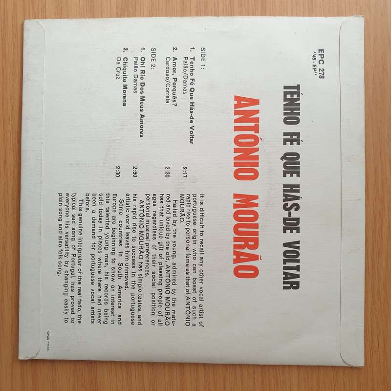 António Mourão  Ténho Fé Que Hás-De Voltar - Vinyl 7" Record - Very-Good+ Quality (VG+) (...