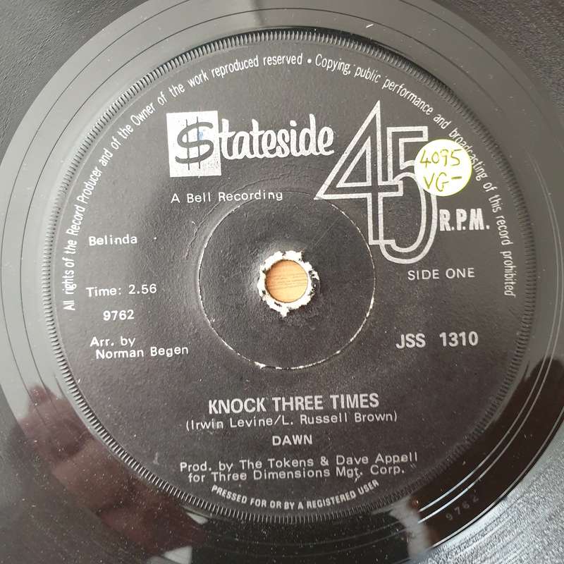 Dawn  Knock Three Times - Vinyl 7" Record - Very-Good Quality (VG-) (verygoodminus)