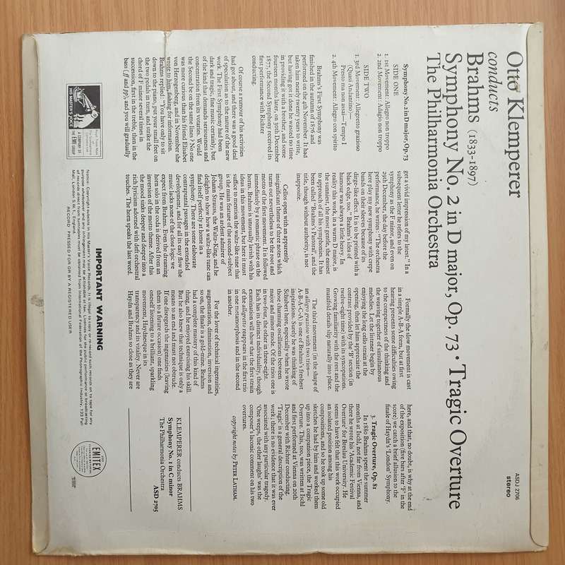 Brahms, Otto Klemperer, Philharmonia Orchestra  Symphony No.3 In F Major / Academic Festival O...