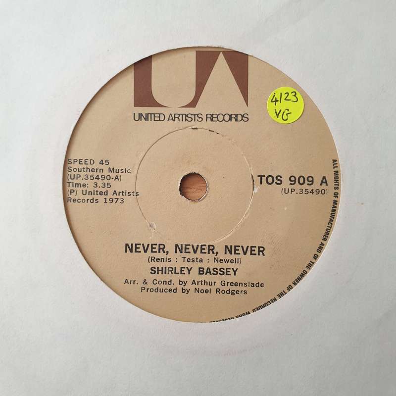 Shirley Bassey  Never, Never, Never - Vinyl 7" Record - Very-Good Quality (VG) (vgood)