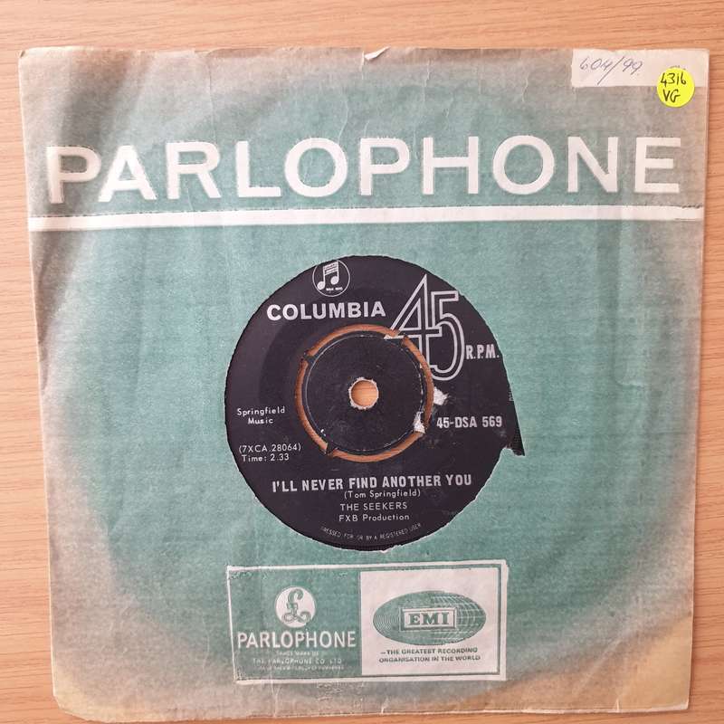 The Seekers  I'll Never Find Another You - Vinyl 7" Record - Very-Good Quality (VG) (vgood)