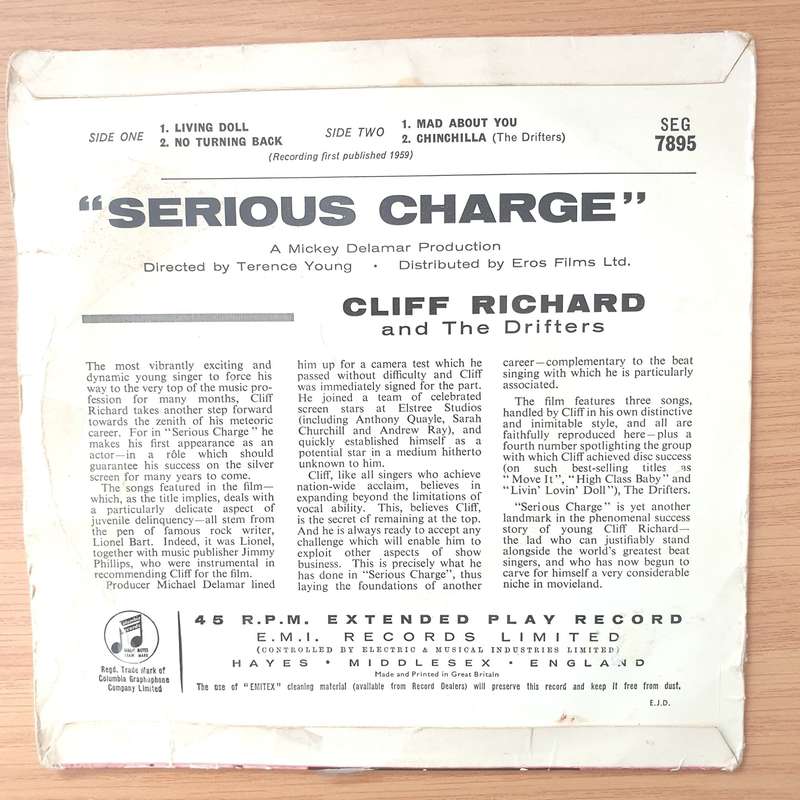 Cliff Richard & The Drifters  Serious Charge - Vinyl 7" Record - Very-Good+ Quality (VG+) (ver...